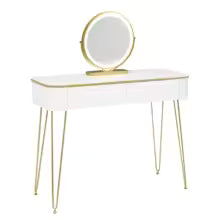 Coiffeuse Aurée Blanche et Dorée avec Miroir LED Rond