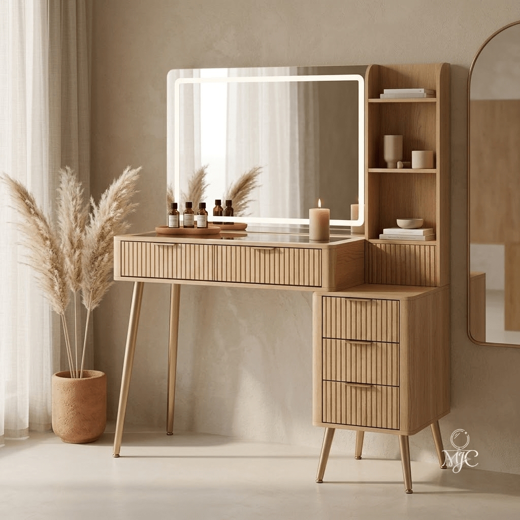 Coiffeuse Ambre avec Miroir LED et Rangement Complet - majoliecoiffeuse