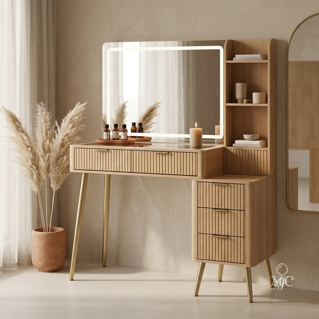 Coiffeuse Ambre avec Miroir LED et Rangement Complet