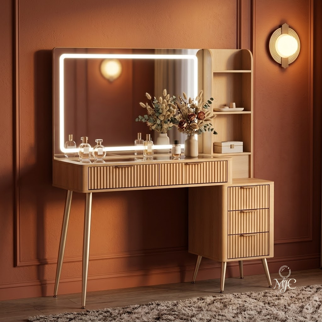 Coiffeuse Ambre avec Miroir LED et Rangement Complet
