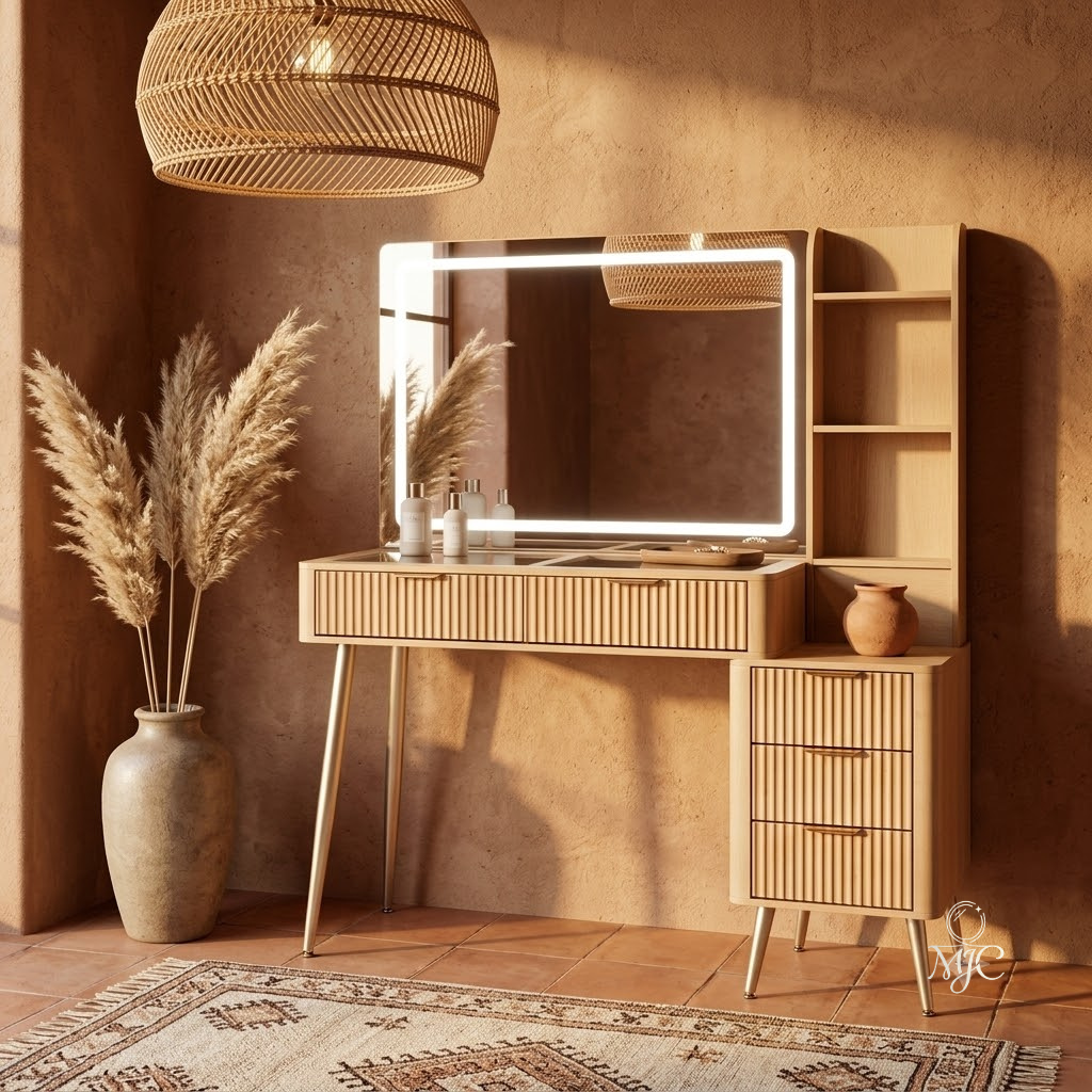 Coiffeuse Ambre avec Miroir LED et Rangement Complet