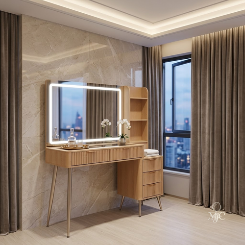 Coiffeuse Ambre avec Miroir LED et Rangement Complet