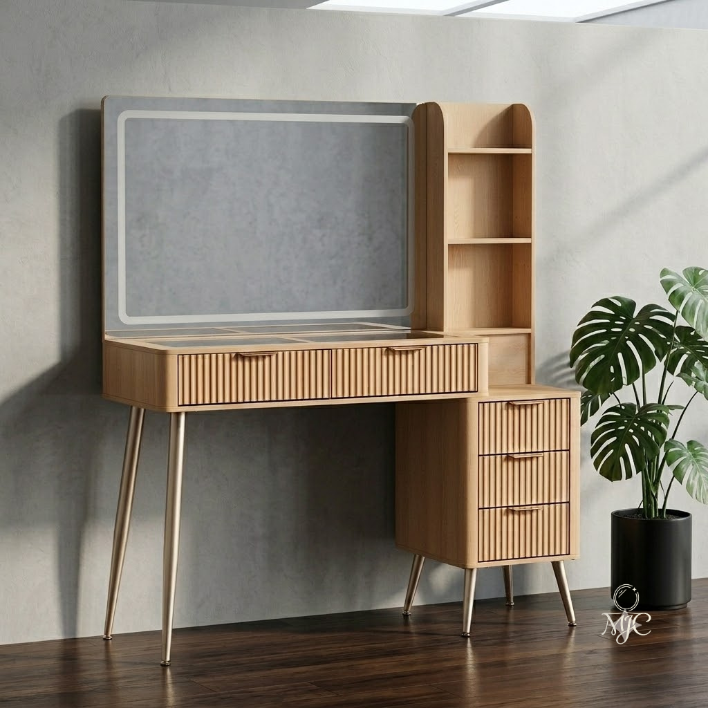 Coiffeuse Ambre avec Miroir LED et Rangement Complet