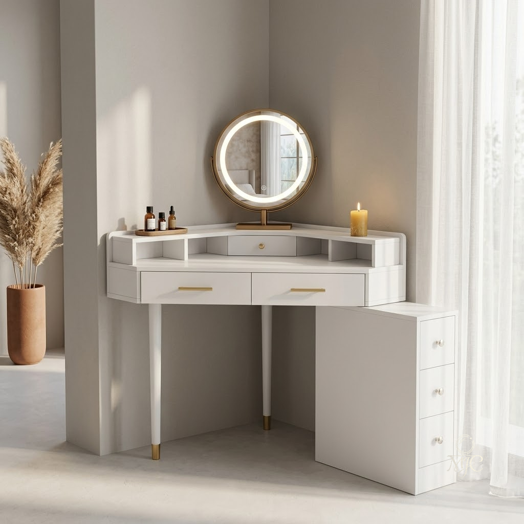 Coiffeuse d'Angle Capucine avec Miroir LED Rotatif