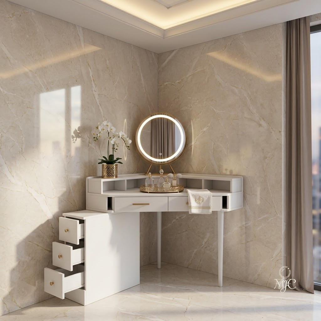 Coiffeuse d'Angle Capucine avec Miroir LED Rotatif