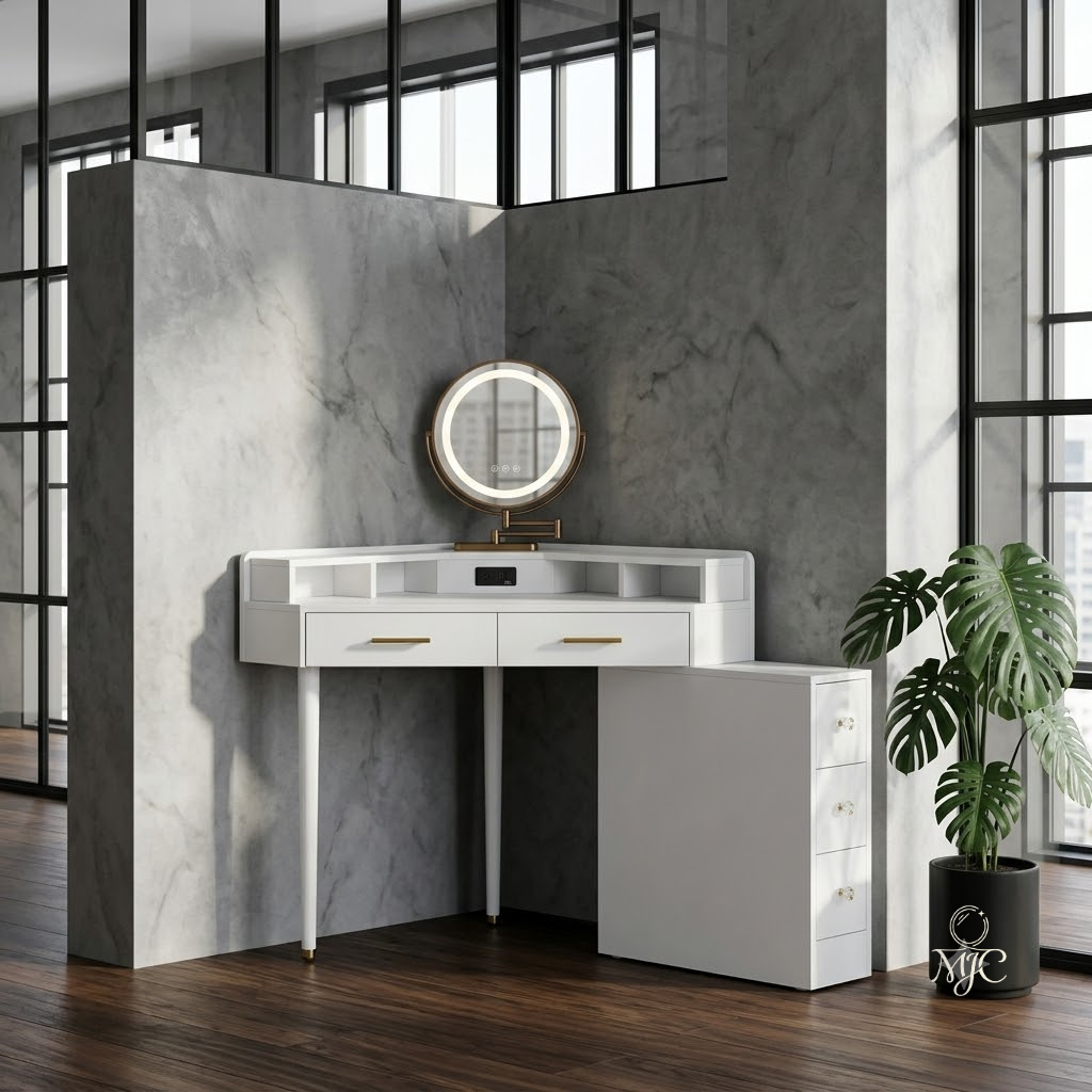 Coiffeuse d'Angle Capucine avec Miroir LED Rotatif