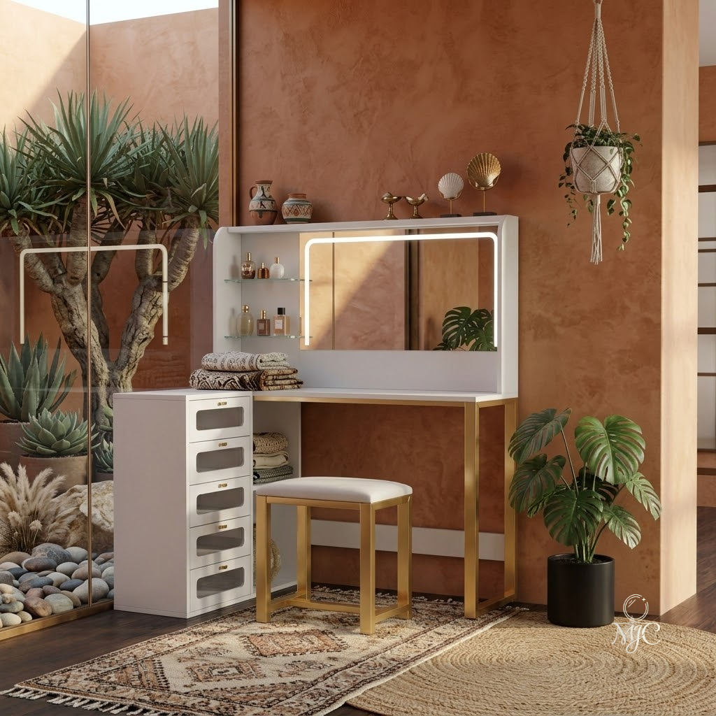 Coiffeuse d'Angle Margaux avec Miroir LED et Tabouret