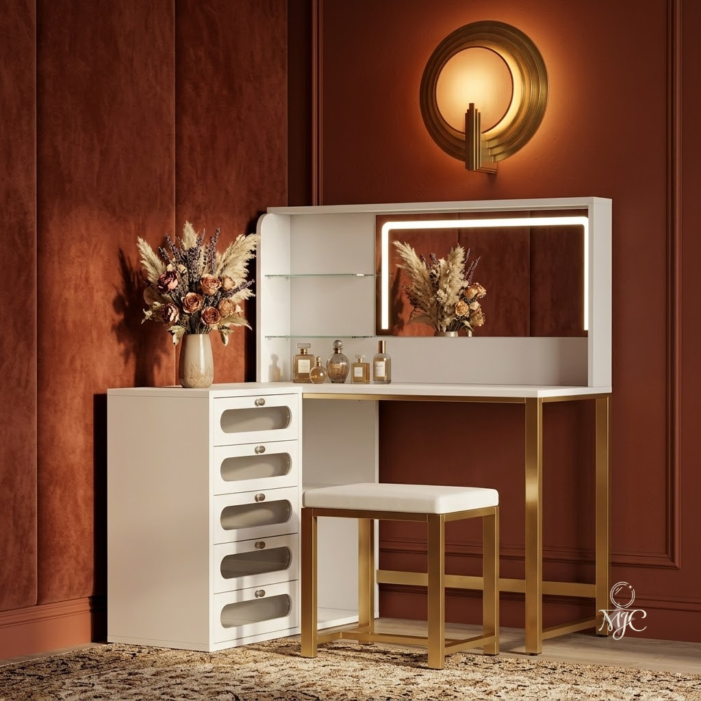 Coiffeuse d'Angle Margaux avec Miroir LED et Tabouret