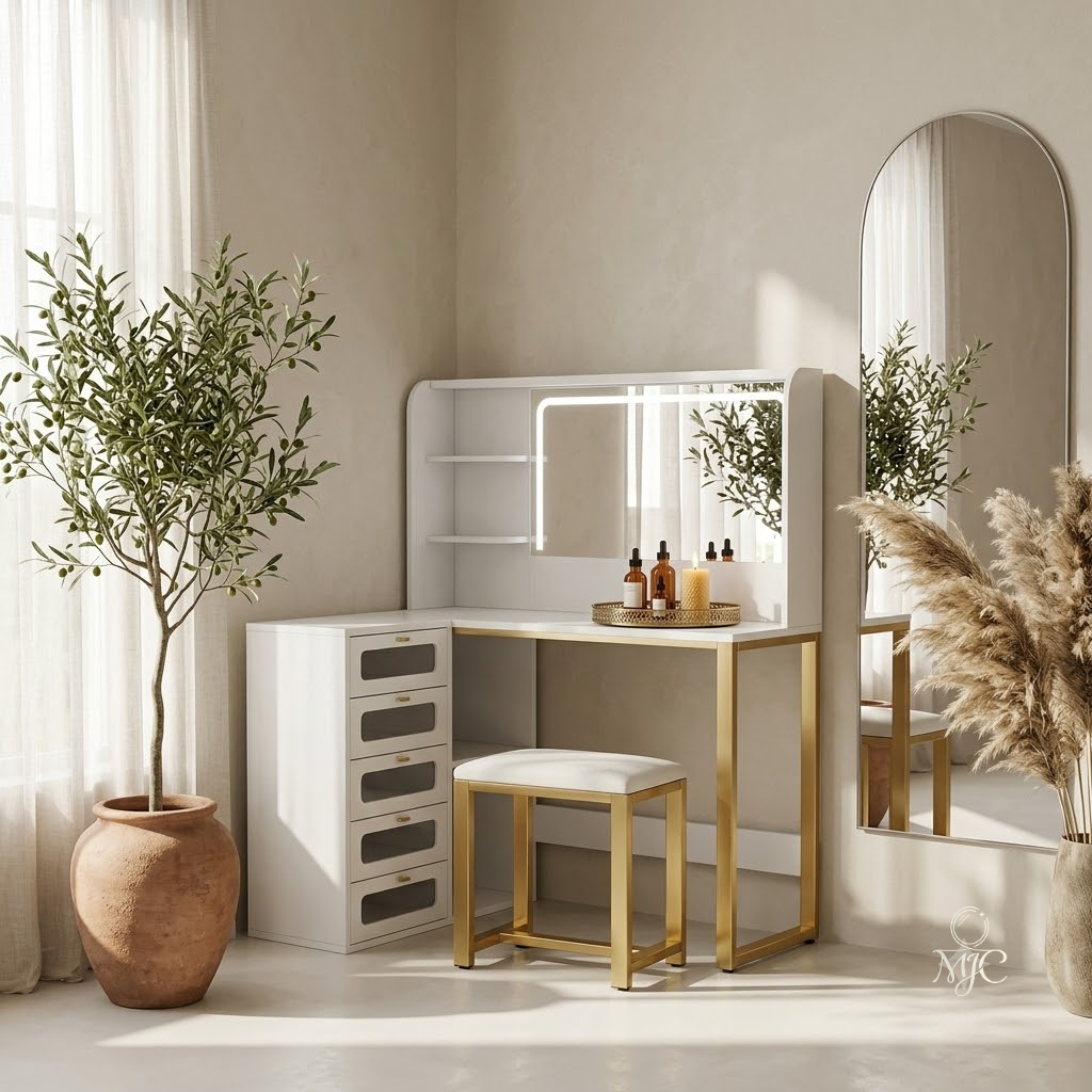 Coiffeuse d'Angle Margaux avec Miroir LED et Tabouret