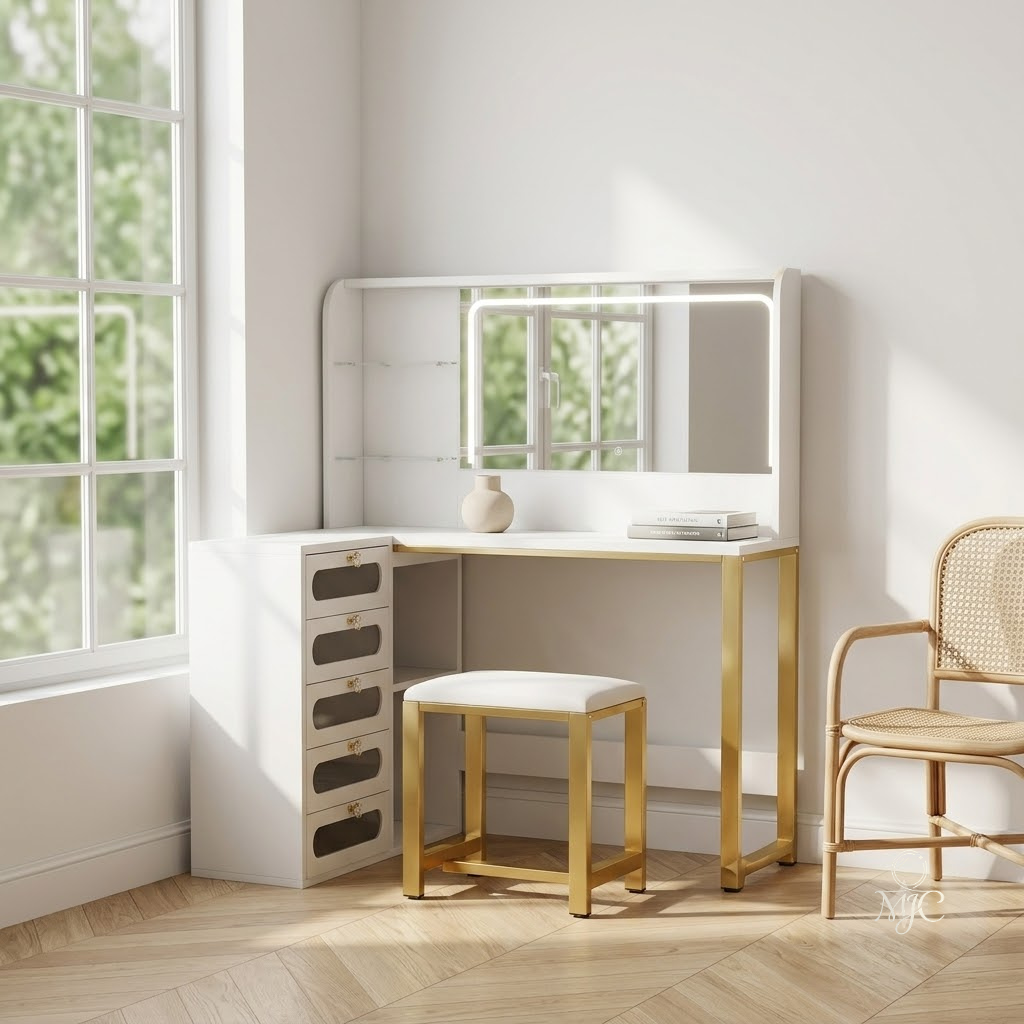 Coiffeuse d'Angle Margaux avec Miroir LED et Tabouret