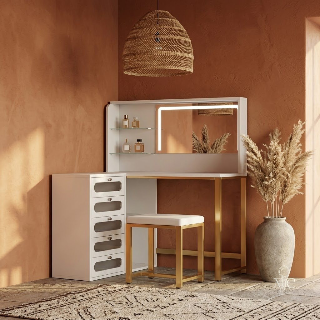 Coiffeuse d'Angle Margaux avec Miroir LED et Tabouret