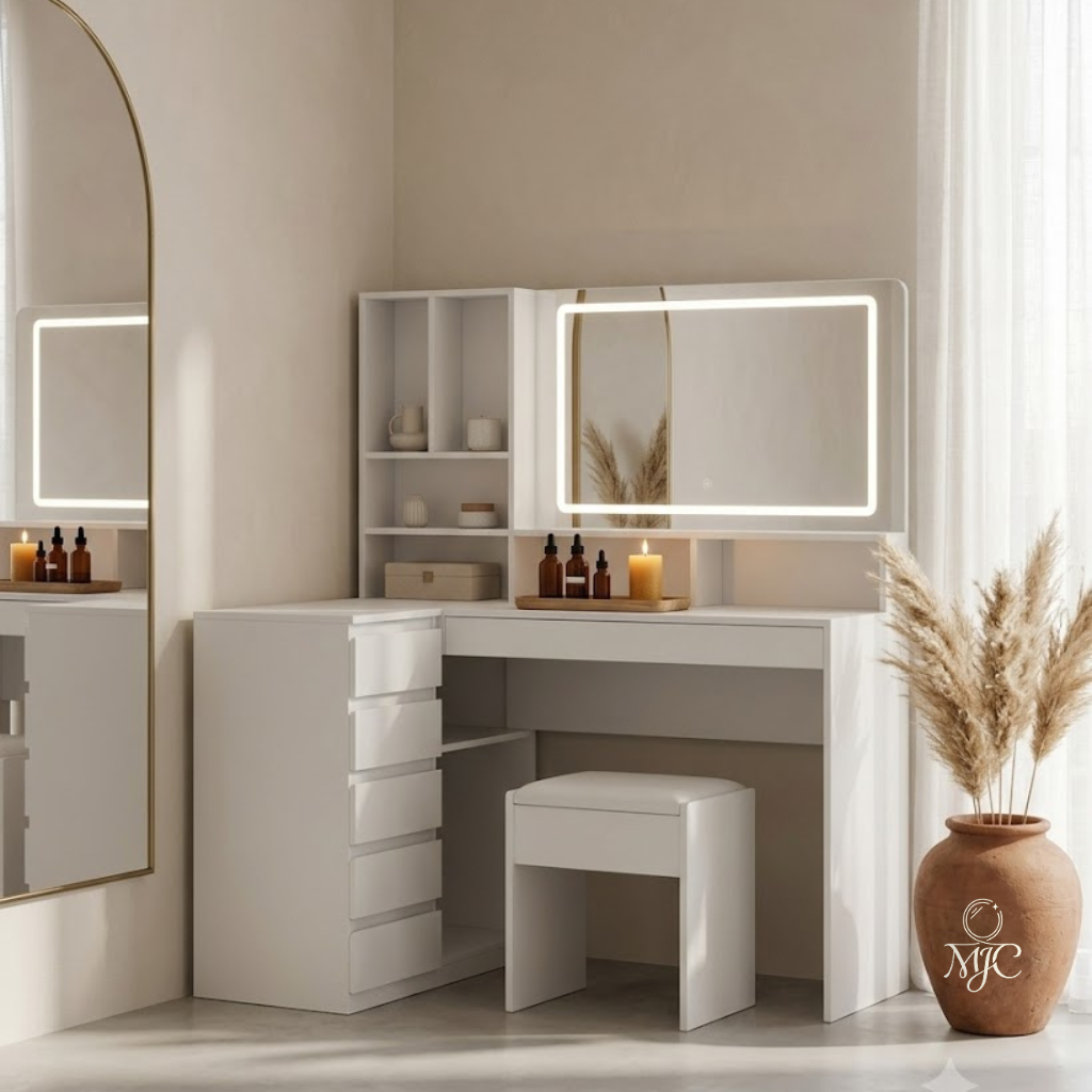 Coiffeuse d'Angle Romy en L avec Grand Miroir LED