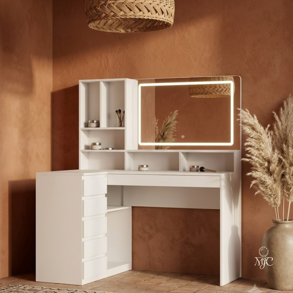 Coiffeuse d'Angle Romy en L avec Grand Miroir LED