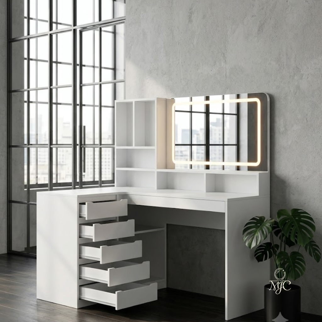 Coiffeuse d'Angle Romy en L avec Grand Miroir LED