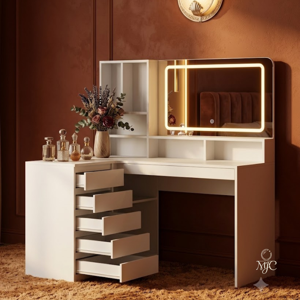 Coiffeuse d'Angle Romy en L avec Grand Miroir LED