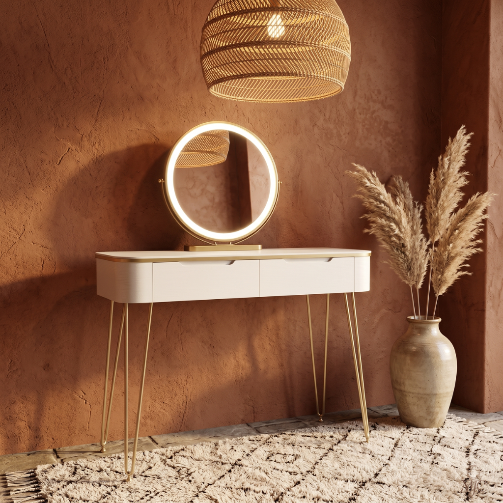 Coiffeuse Aurée Blanche et Dorée avec Miroir LED Rond
