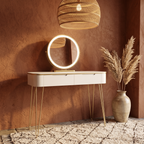 Coiffeuse Aurée Blanche et Dorée avec Miroir LED Rond