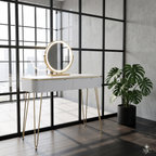 Coiffeuse Aurée Blanche et Dorée avec Miroir LED Rond