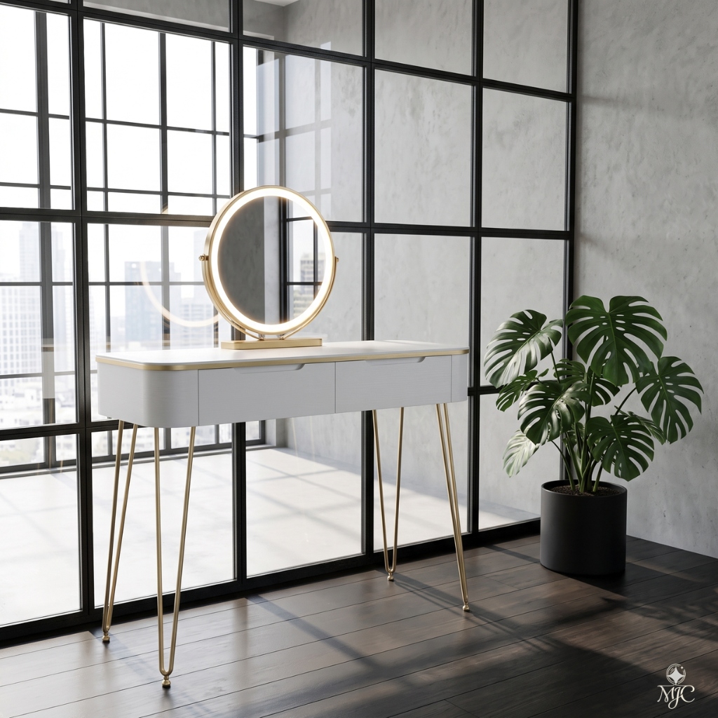 Coiffeuse Aurée Blanche et Dorée avec Miroir LED Rond