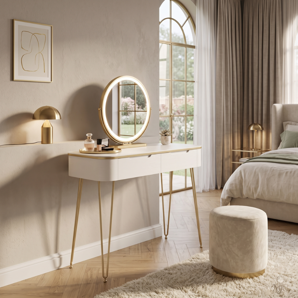 Coiffeuse Aurée Blanche et Dorée avec Miroir LED Rond
