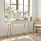 Coiffeuse Aurée Blanche et Dorée avec Miroir LED Rond