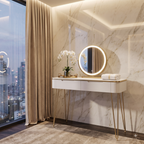 Coiffeuse Aurée Blanche et Dorée avec Miroir LED Rond