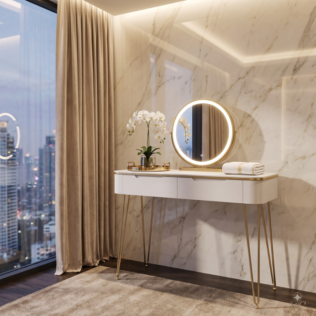Coiffeuse Aurée Blanche et Dorée avec Miroir LED Rond