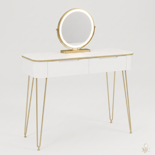 Coiffeuse Aurée Blanche et Dorée avec Miroir LED Rond