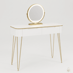 Coiffeuse Aurée Blanche et Dorée avec Miroir LED Rond - majoliecoiffeuse