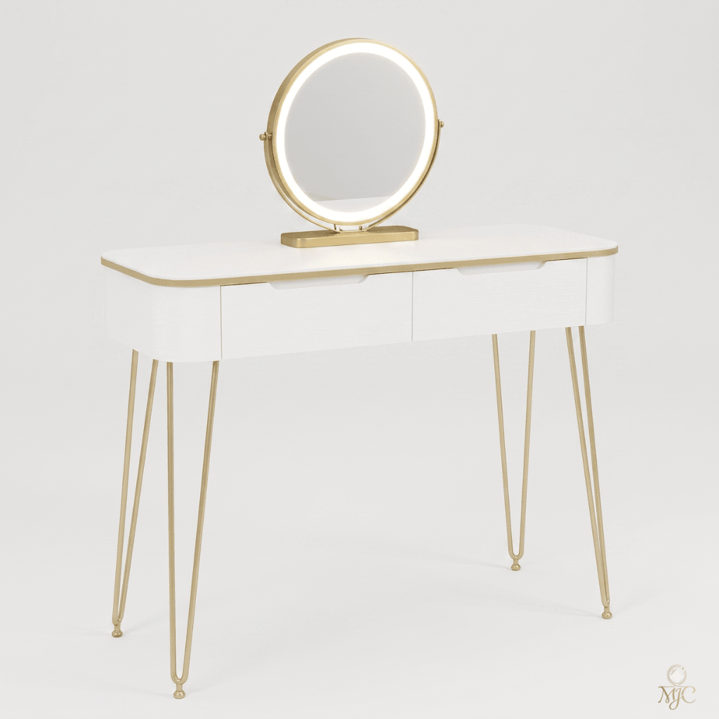 Coiffeuse Aurée Blanche et Dorée avec Miroir LED Rond - majoliecoiffeuse