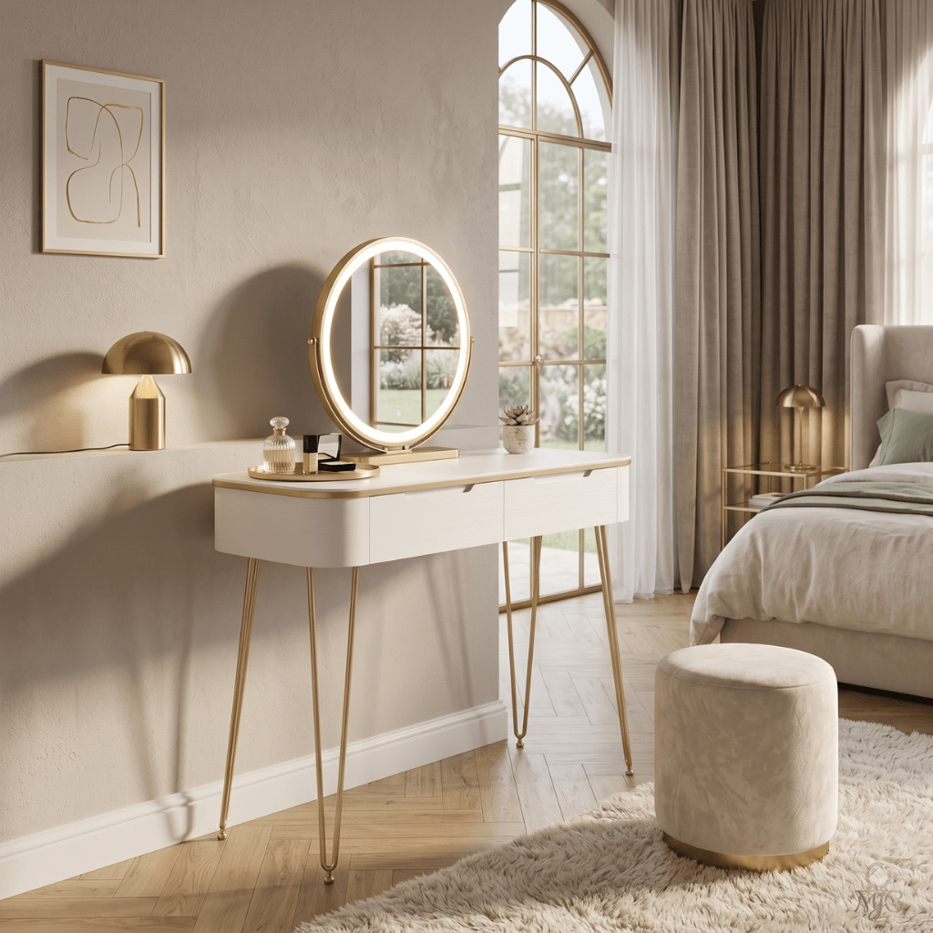 Coiffeuse Aurée Blanche et Dorée avec Miroir LED Rond - majoliecoiffeuse