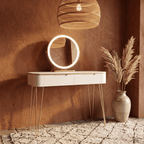 Coiffeuse Aurée Blanche et Dorée avec Miroir LED Rond - majoliecoiffeuse