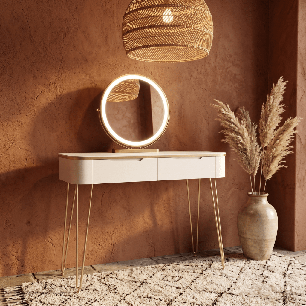 Coiffeuse Aurée Blanche et Dorée avec Miroir LED Rond - majoliecoiffeuse