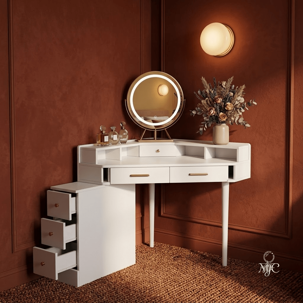 Coiffeuse d'Angle Capucine avec Miroir LED Rotatif - majoliecoiffeuse