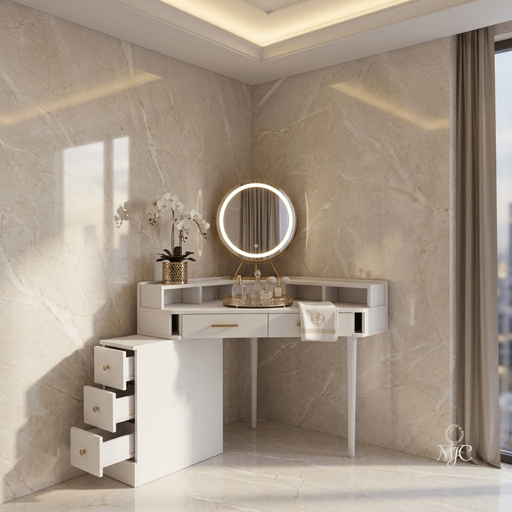 Coiffeuse d'Angle Capucine avec Miroir LED Rotatif - majoliecoiffeuse