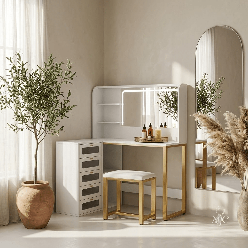 Coiffeuse d'Angle Margaux avec Miroir LED et Tabouret - majoliecoiffeuse