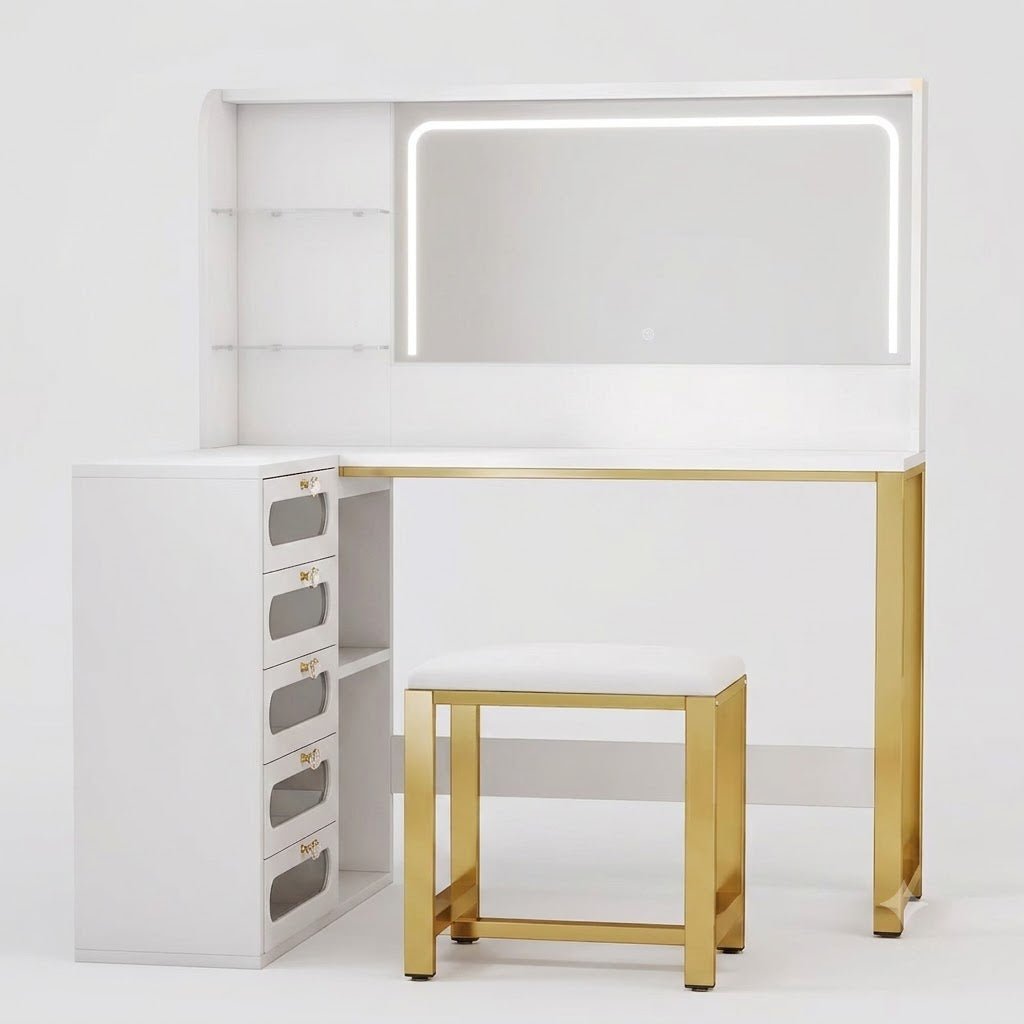 Coiffeuse d'Angle Margaux avec Miroir LED et Tabouret - majoliecoiffeuse