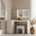Coiffeuse d'Angle Romy en L avec Grand Miroir LED - majoliecoiffeuse