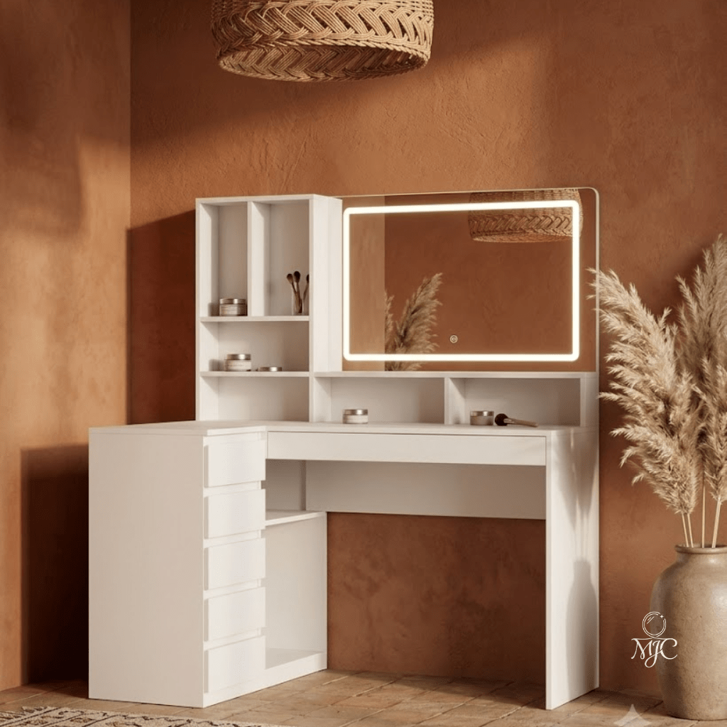 Coiffeuse d'Angle Romy en L avec Grand Miroir LED - majoliecoiffeuse