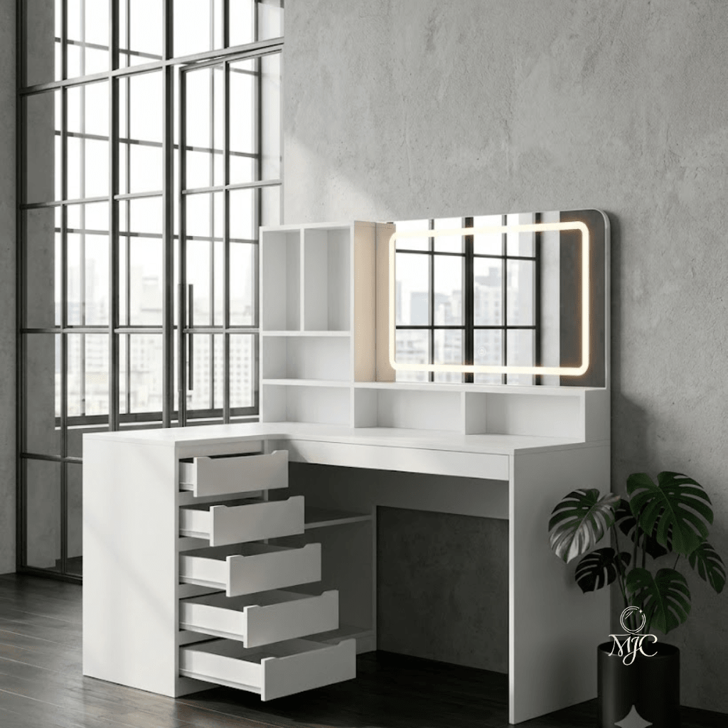 Coiffeuse d'Angle Romy en L avec Grand Miroir LED - majoliecoiffeuse