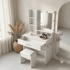 Coiffeuse Ivoire Blanche avec Miroir LED et Tabouret - majoliecoiffeuse