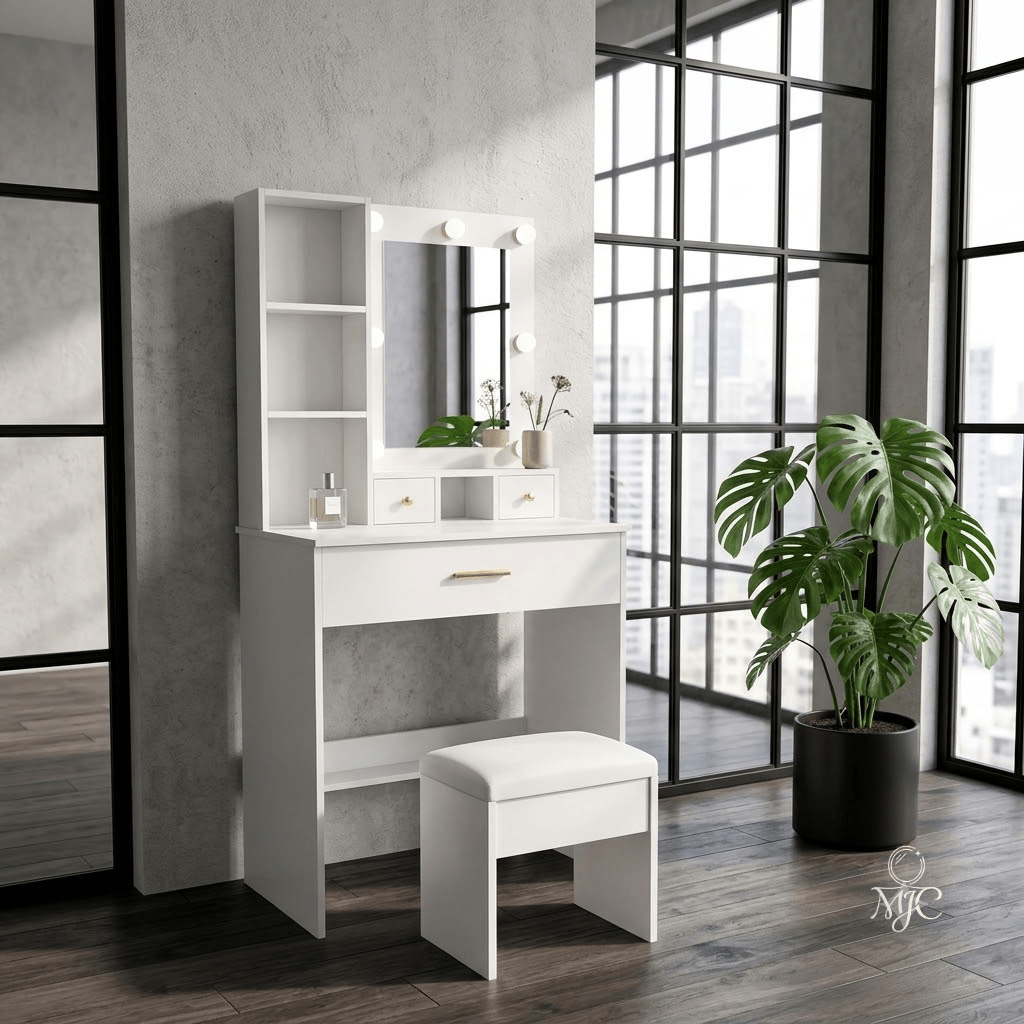 Coiffeuse Ivoire Blanche avec Miroir LED et Tabouret - majoliecoiffeuse