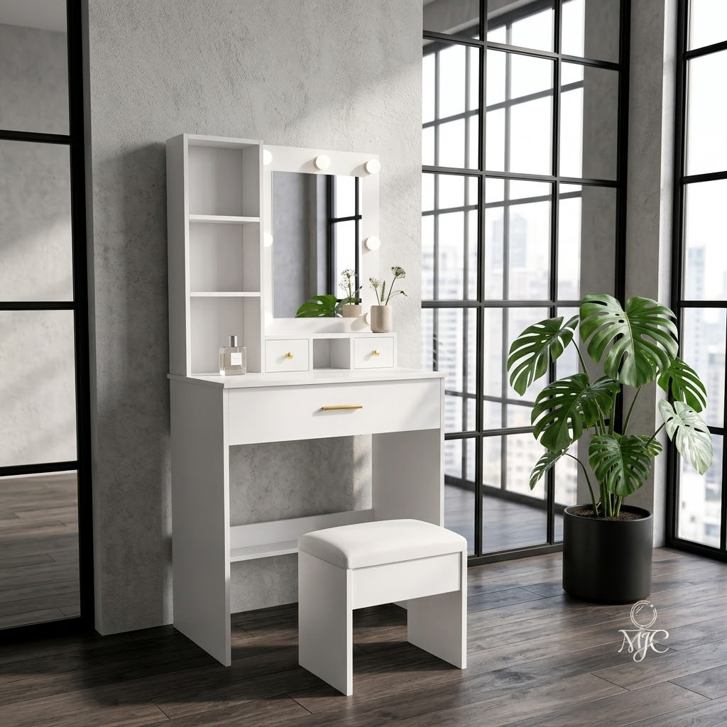 Coiffeuse Ivoire Blanche avec Miroir LED et Tabouret
