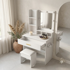 Coiffeuse Ivoire Blanche avec Miroir LED et Tabouret