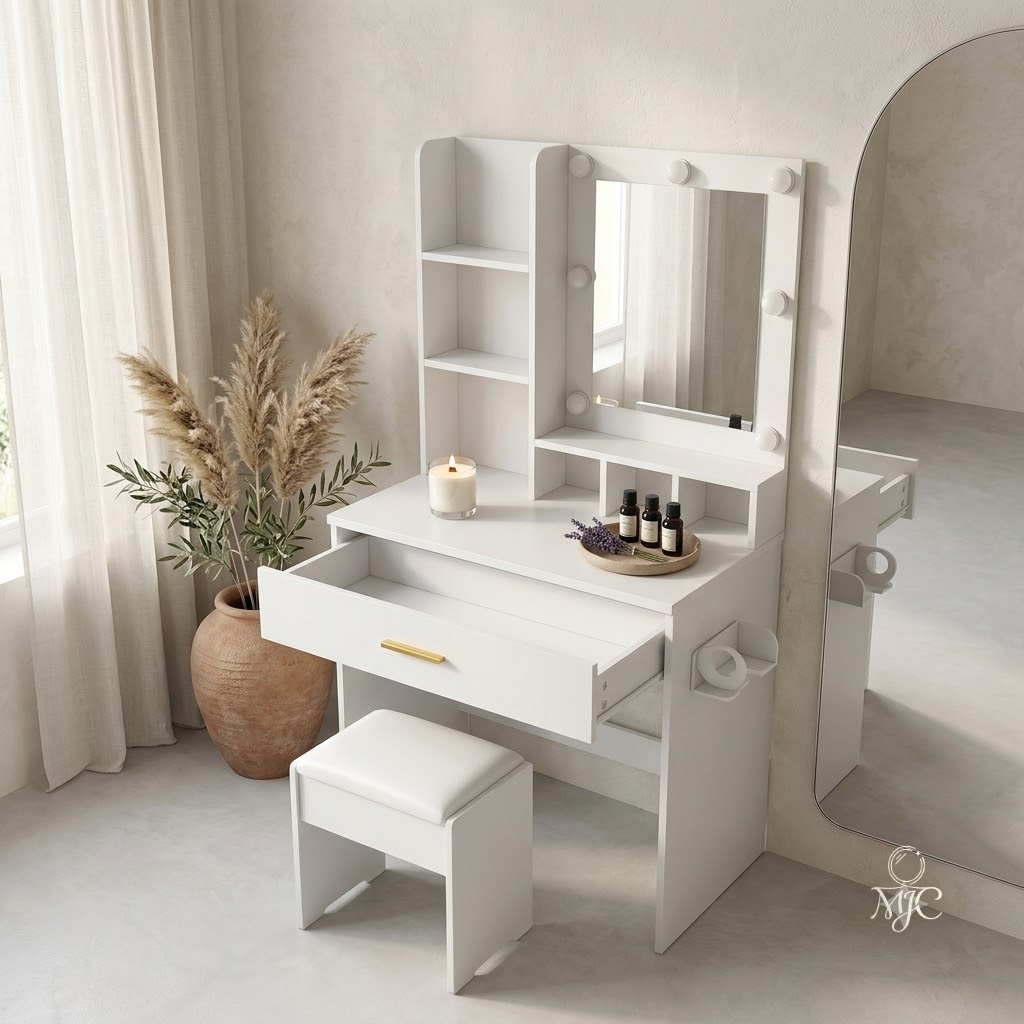 Coiffeuse Ivoire Blanche avec Miroir LED et Tabouret
