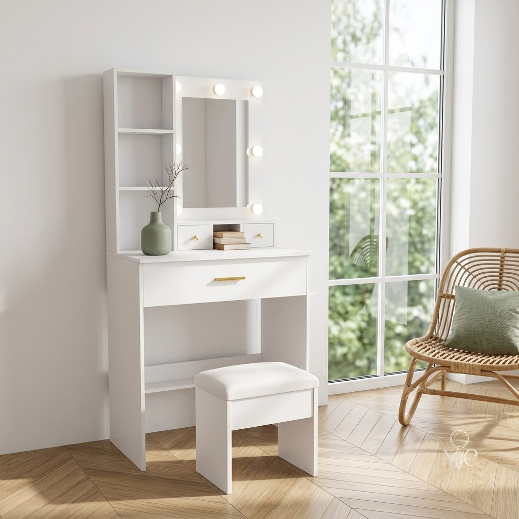 Coiffeuse Ivoire Blanche avec Miroir LED et Tabouret
