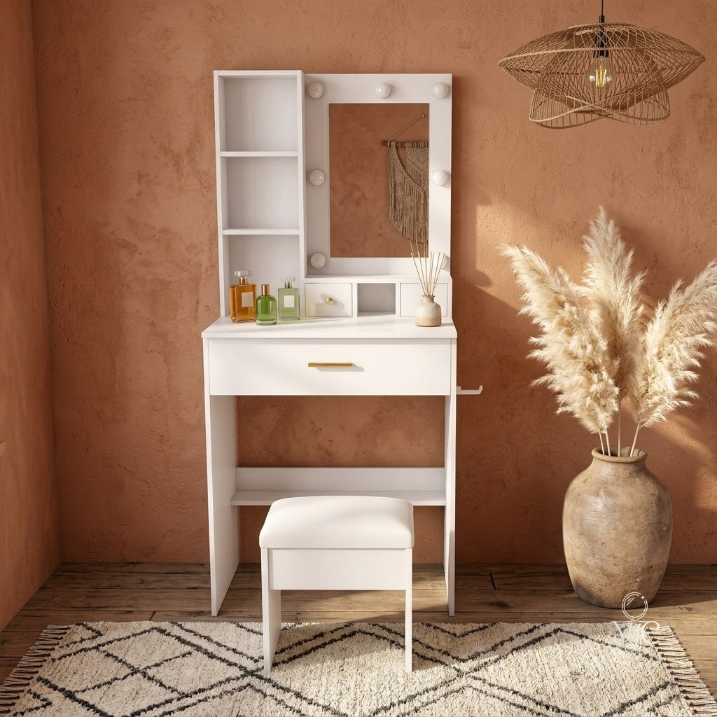 Coiffeuse Ivoire Blanche avec Miroir LED et Tabouret