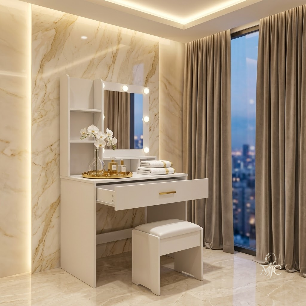Coiffeuse Ivoire Blanche avec Miroir LED et Tabouret