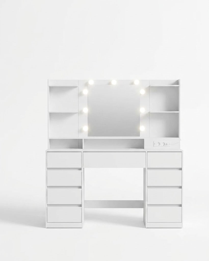 Coiffeuse Kailyn avec Miroir LED - Meuble Coiffeuse 9 Tiroirs - majoliecoiffeuse