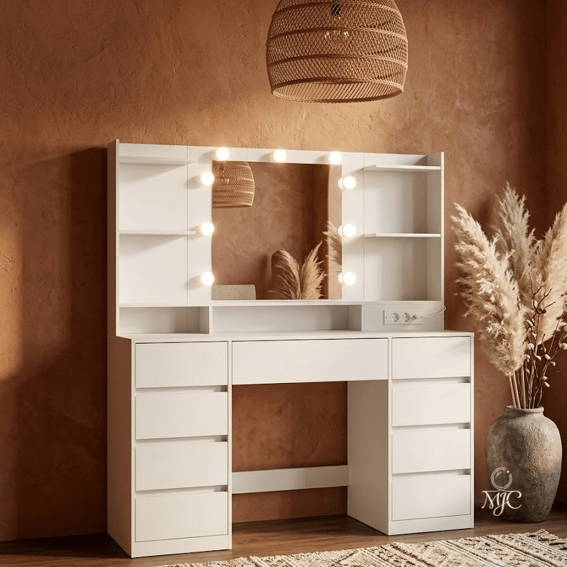 Coiffeuse Kailyn avec Miroir LED - Meuble Coiffeuse 9 Tiroirs - majoliecoiffeuse